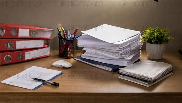 Desk with stacks of papers and red folders under yellow light, symbolism bureaucracy, AI generated,
