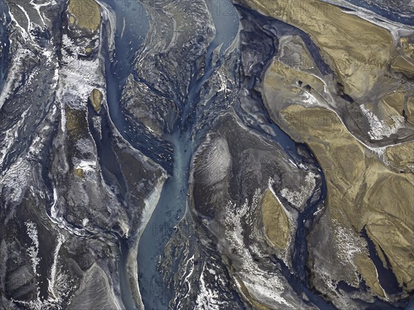 Overgrown river landscape, Eldhraun, near Kirkjubaejarklaustur, drone image, Sudurland, Iceland,