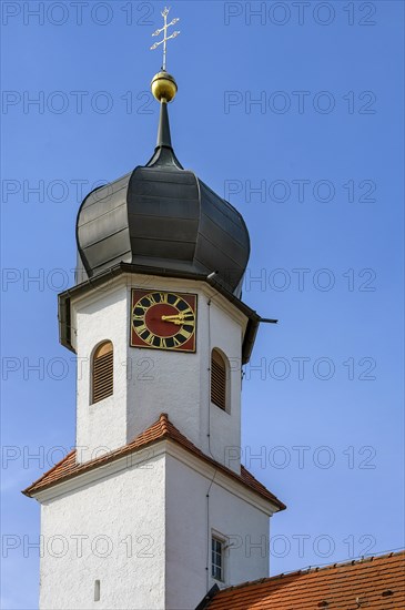 Onion church tower with clock, St. Leonhard branch church, Boerwang, Allgaeu, Swabia, Bavaria,