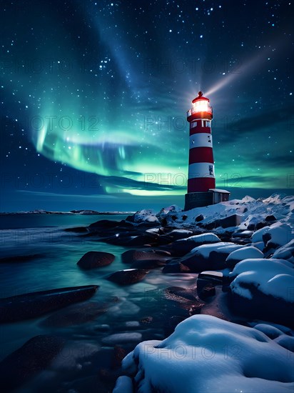 Lighthouse standing on a snow covered coast with aurora borealis dancing in the night sky, AI