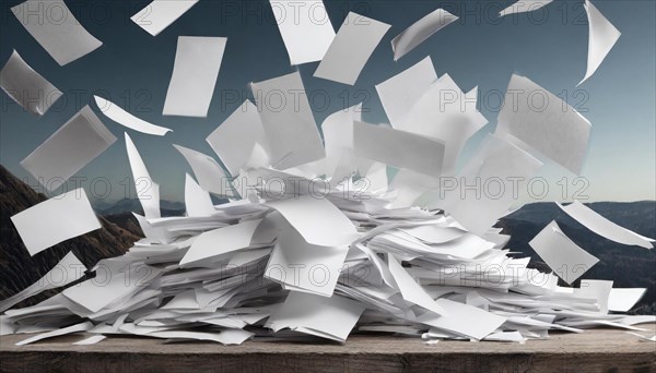 White papers flying in front of a blue sky and mountain panorama, symbol bureaucracy, AI generated,