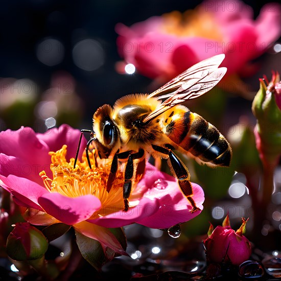Bee engaged in the delicate task of nectar collection from a rose essence of summer garden