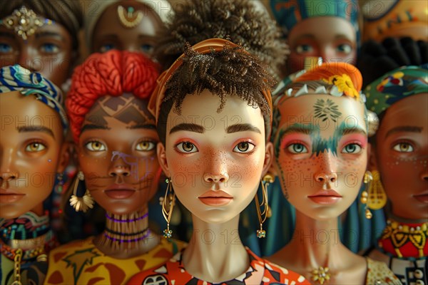 Close-up of diverse dolls representing different cultures, adorned with detailed fashion