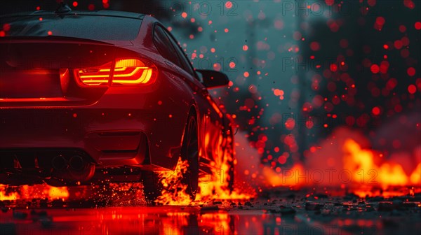 Dynamic image of a red car speeding and splashing water on the road, blurry background, bokeh