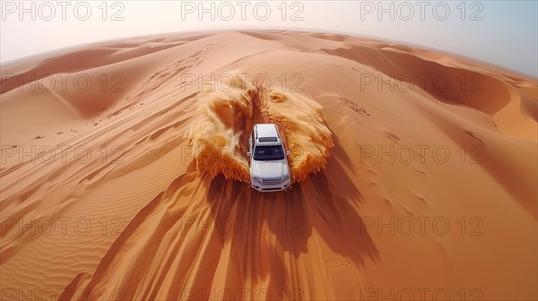 A solitary vehicle leaves a trail of dust in its wake as it traverses towering sand dunes, action