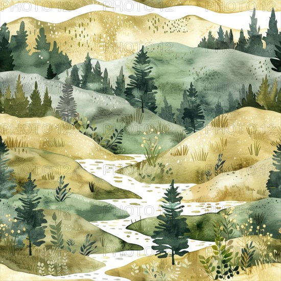 Landscape watercolor pattern with serene scenery and soft tones, abstract nature background,