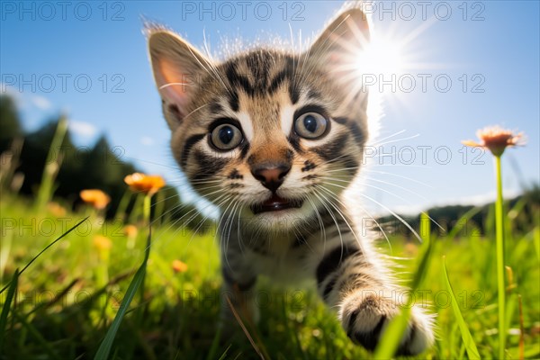 Playful Cute Kitten outdoors in Sunlit Grass. Kitten excitement and wonder as it explores the