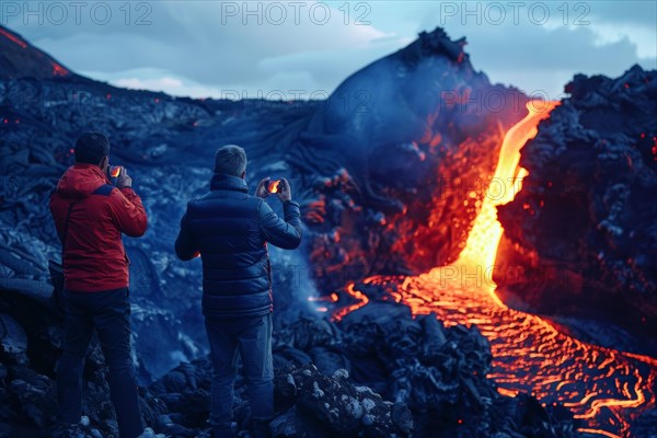 Tourists, onlookers photograph a spectacular volcanic landscape with liquid, partially cooled lava