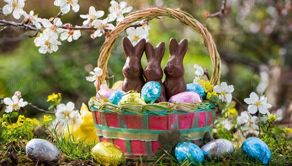 Chocolate Easter bunnies in a colourful Easter nest in the garden, symbolic Easter photo, AI