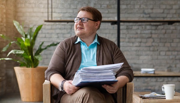 Relaxed man with pile of documents sits smiling in the office, symbol bureaucracy, AI generated, AI