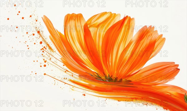 A vibrant orange brush stroke forming a chamomile petal. Chamomile flower painted on white