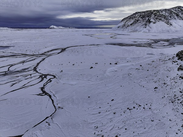 Overgrown river landscape, onset of winter, Fjallabak Nature Reserve, drone shot, Sudurland,