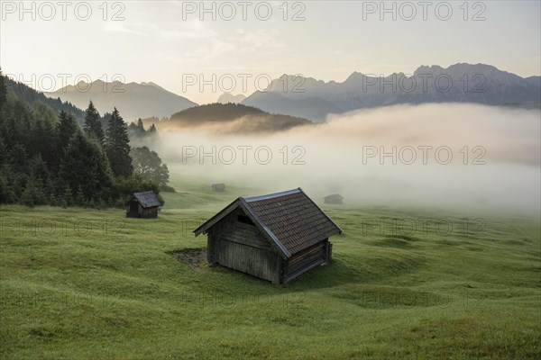 Sunrise and morning fog, Geroldsee or Wagenbruechsee, Kruen near Mittenwald, Werdenfelser Land,