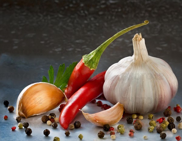 Fresh garlic arranged with red chilli, colourful peppercorns and green herbs, AI generated, AI