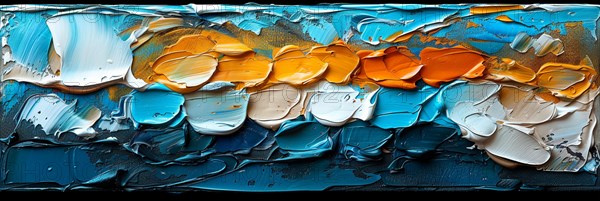 Dynamic sculptural texture in oil paint with blue, orange, and white tones, banner 3:1 wide style,