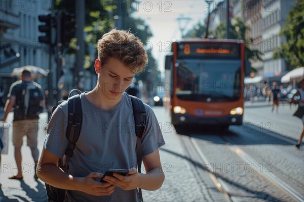 Pupil looking at his smartphone at a bus stop, symbolic image for accident risk due to media