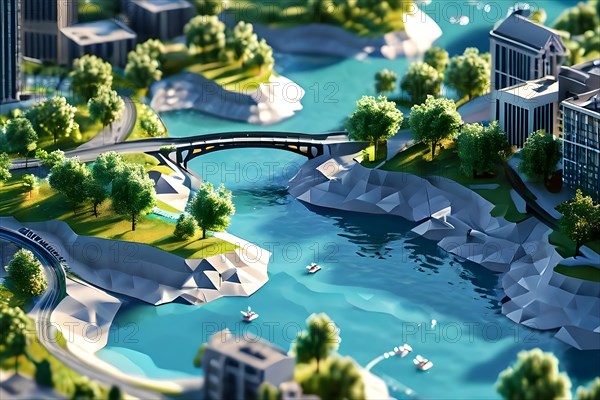 Concept of city park with integrated flood mitigation system water channels and reservoir, AI