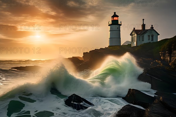 Lighthouse nestled against a vast ocean with waves rhythmically crashed onto the rocky shoreline,