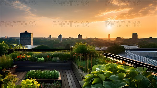 Urban rooftop garden brimming with verdant plants blossoming flowers embodying a sustainable city,