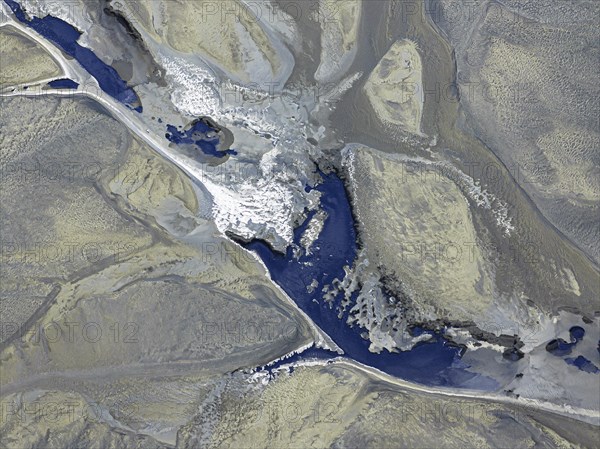 Overgrown river landscape, Eldhraun, near Kirkjubaejarklaustur, drone image, Sudurland, Iceland,