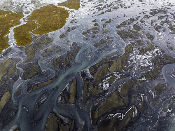 Overgrown river landscape, Eldhraun, near Kirkjubaejarklaustur, drone image, Sudurland, Iceland,