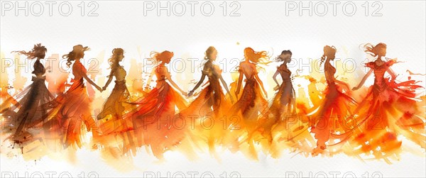 Artistic depiction of women in fiery-hued dresses dancing in a watercolor style, banner 3:1 wide