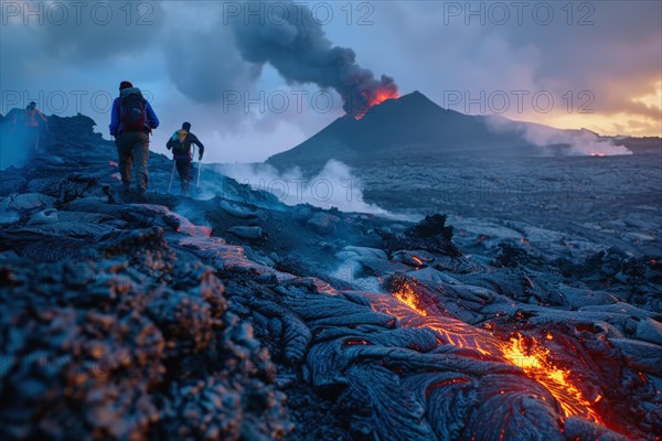 Tourists, hiking group, expedition, onlookers on the way to an active volcano, surrounded by hot,