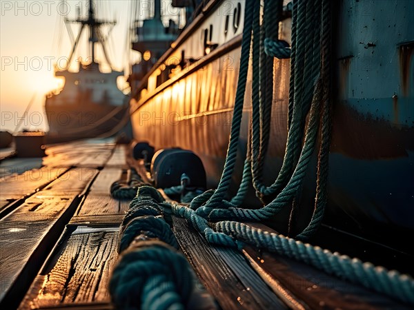 Ropes and bollards securing a ship at the dock at morning, AI generated