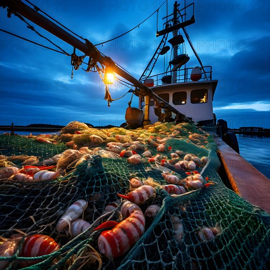 Commercial fishing net cascading onto the dock overflowing with caught shrimp fish and incidentally