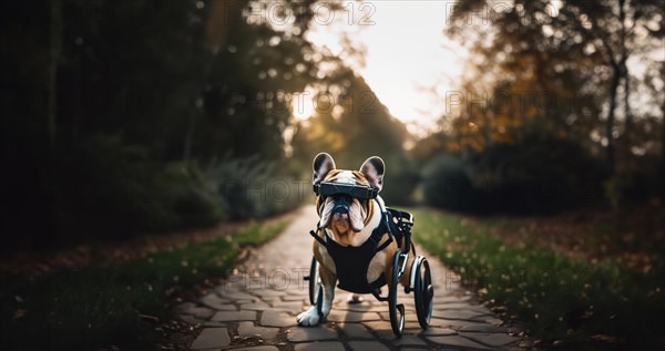 Dog in a wheelchair, pet rehabilitation in technological virtual reality glasses, blind dog, AI