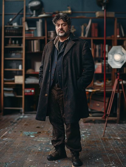 Artist in a thick coat immersed in his creative and eclectic studio environment, looking focused,