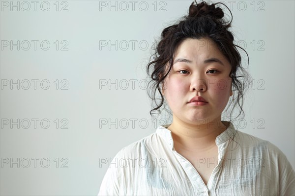 Asian plus size woman in front of light gray background with copy space. KI generiert, generiert,