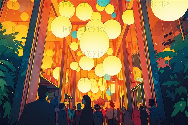 Indoor space with hanging lanterns and people gathered, creating a warm ambiance, illustration, AI