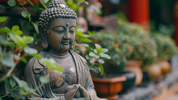 A Buddha statue in a peaceful green setting indicative of a zen garden, image depicting relaxation,