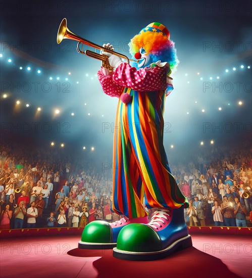 A clown, a musical clown, in mask and costume plays the trumpet in the ring of a circus, AI
