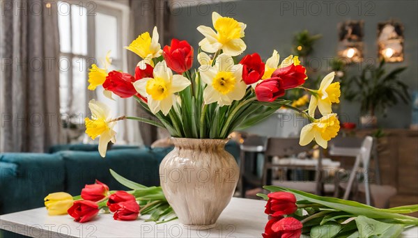 A large bouquet of yellow daffodils and red tulips in a vase stands on the table in the flat, AI