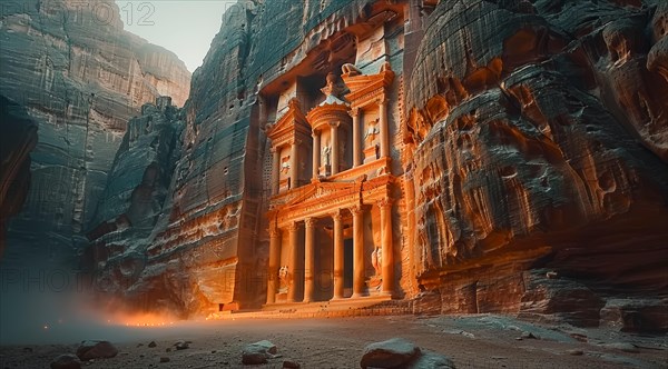 Sunlight illuminates the ancient sandstone facade of Petra in Jordan, casting dramatic shadows, ai