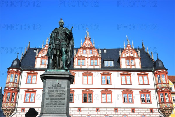 The historic old town centre of Coburg with a view of the statue of Albert Prince of Saxony.