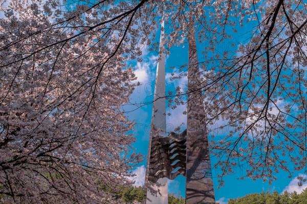 Two tall metal columns of memorial seen through cherry blossom tree branches against beautiful blue