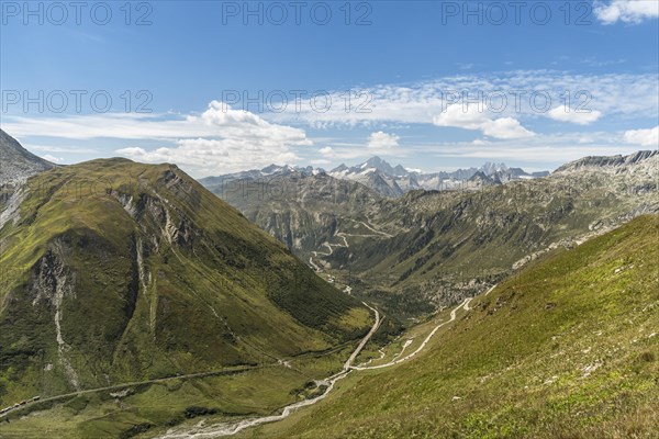 View from the Furka Pass into the Rhone Valley, in the background the serpentines of the Grimsel