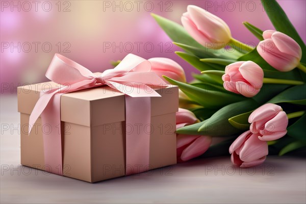 Gift Box with Pink Ribbon Beside bouquet of Fresh Tulips on Bokeh Background. Good for Valentine