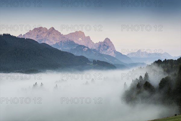 Sunrise and morning fog, Geroldsee or Wagenbruechsee, Kruen near Mittenwald, Werdenfelser Land,