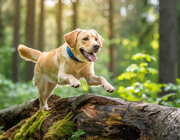 Dog, young Labrador running in the forest and jumping over a lying tree trunk, AI generated, AI