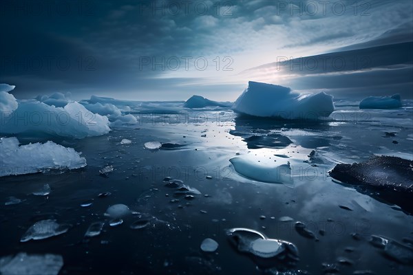 Ice chunks floating in dark oil slicked water showing the impact of oil spills on polar regions, AI
