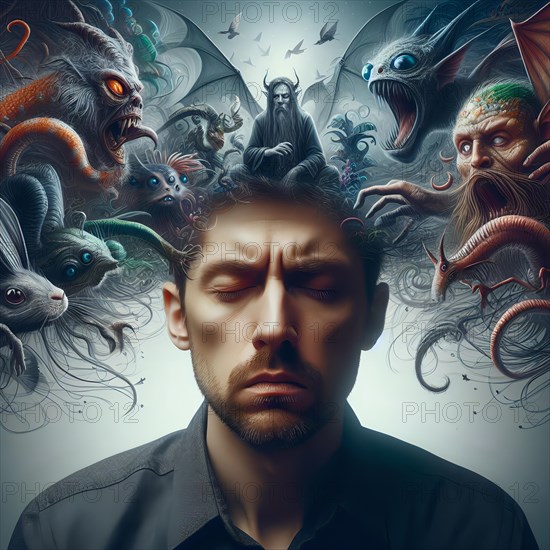 A man has delusions in his head, symbolic image intoxication, narcotic, drug, drug use, fantasies,