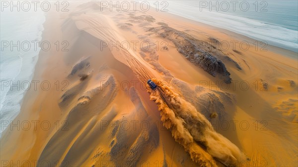 Golden hour lighting up a vehicle trail along the desert dunes, drone aerial shot, follow mode, ai