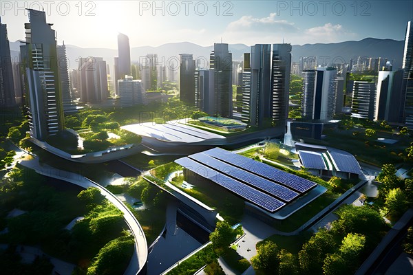 Conceptual futuristic sustainable city replete with green rooftops and integrated solar panels, AI