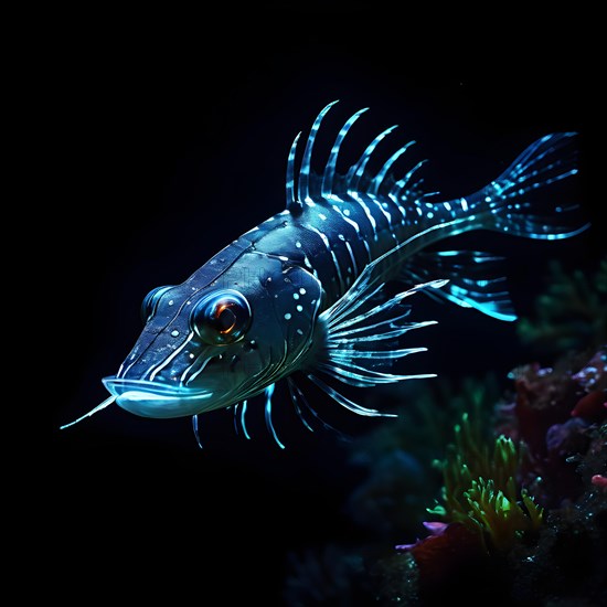 Viperfish swimming in deep ocean depths with bioluminescent spots emanating a ghostly luminescence,