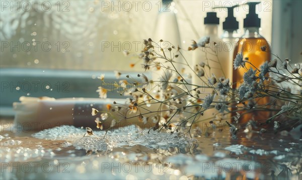 Bathtub surface with bubbles, water, and a range of bath amenities in a tranquil setting AI
