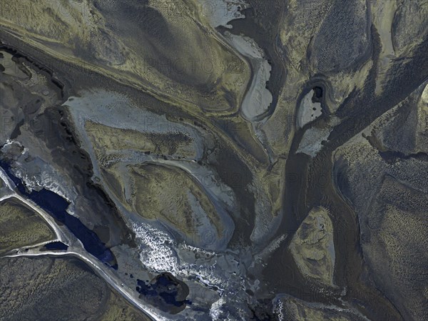 Overgrown river landscape, Eldhraun, near Kirkjubaejarklaustur, drone image, Sudurland, Iceland,